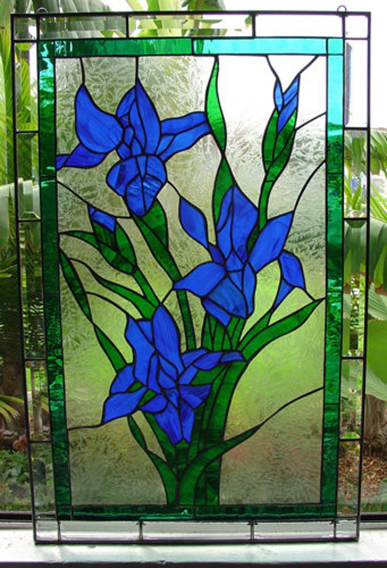 Iris Stained Glass Panel Hangings Iris Flower Art Glass | Etsy
