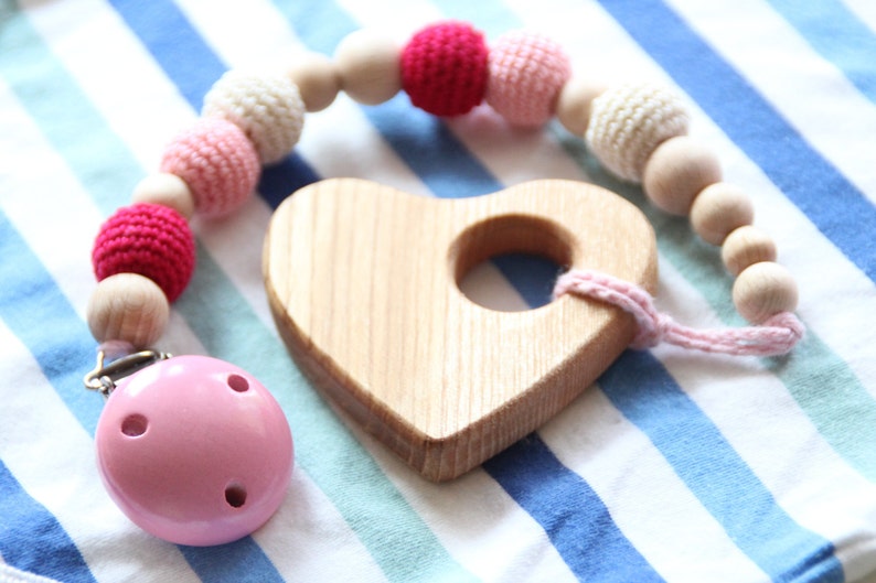Pink natural wooden baby dummy holder / Baby pacifier clip / Etsy