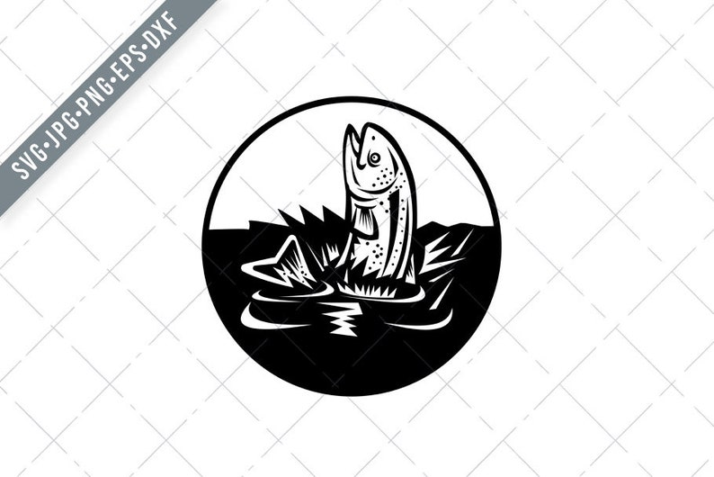 Download Clip Art Art Collectibles Rainbow Trout Jumping Up Water Retro Woodcut Black And White Svg Trout Svg Salmon Cut File Dxf Jpg Png