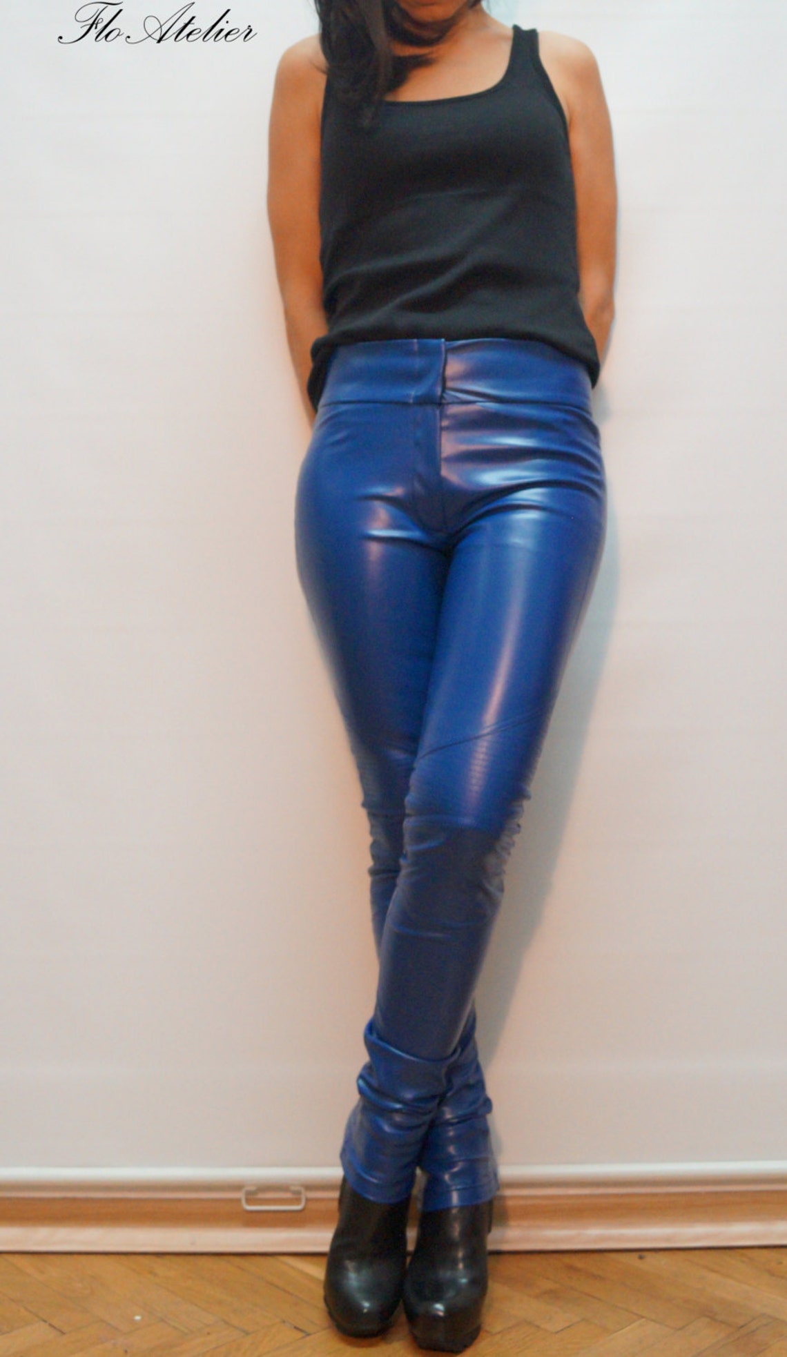 Vegan Leather Pants/Stretchy Pants/Blue Leggings/Skinny | Etsy