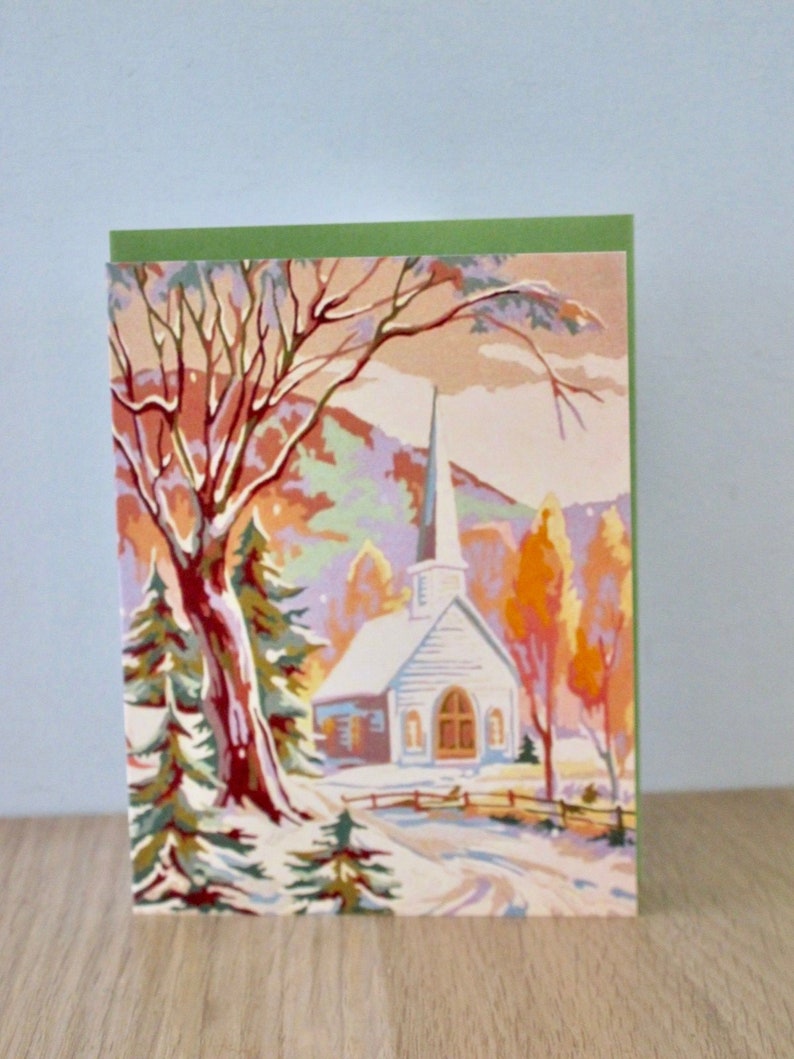 vintage paint by number winter snowy church scene