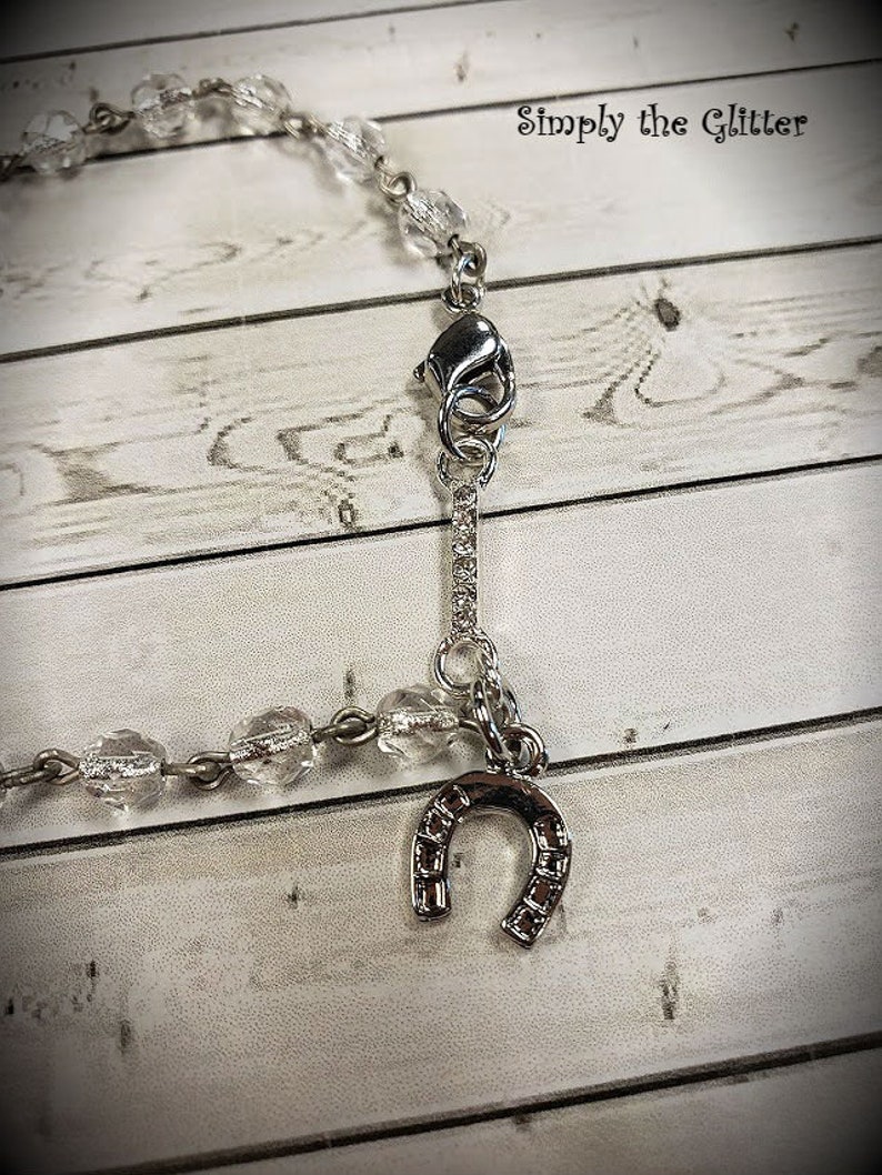 Rhinestone Link Rosary Beads Lucky Horseshoe Anklet Bracelet Dainty Horse Shoe Charm Anklet Assemblage Jewelry by Simply the Glitter